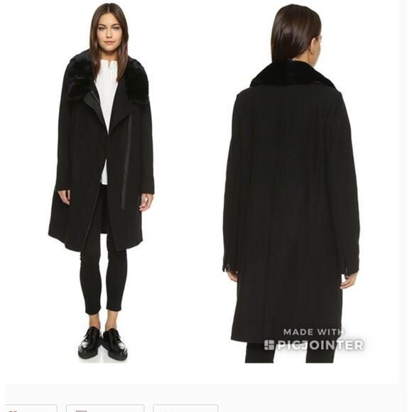 Vince Fur Collar Wool Coat M Black Leather Glam Capsule Minimalist Old Money - Picture 4 of 12